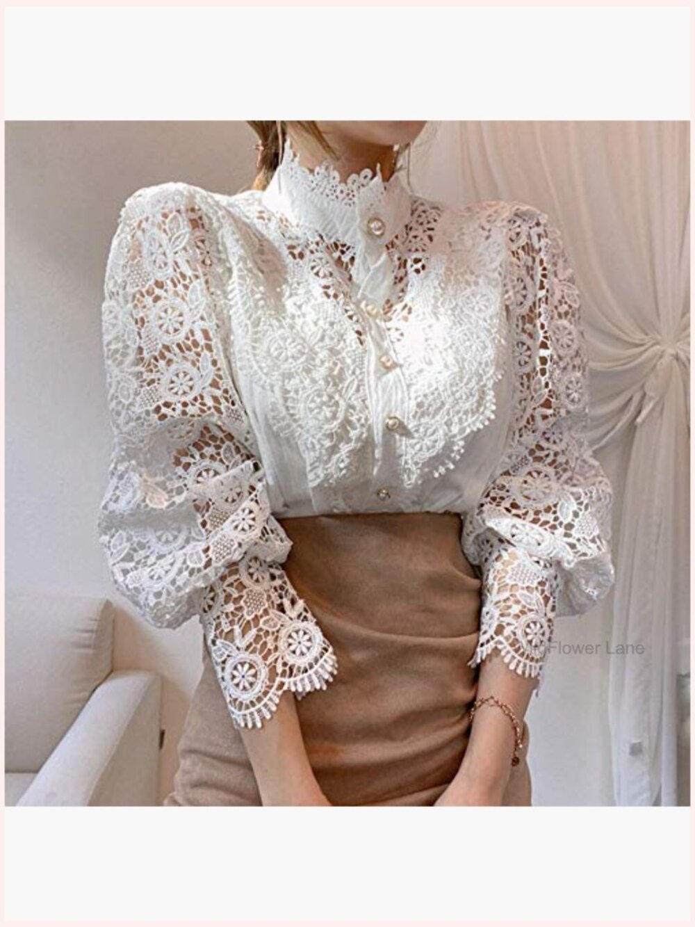 Elegant Lace Trim Victorian Blouse Long Sleeve Button Down Tops - Picture 2 of 7